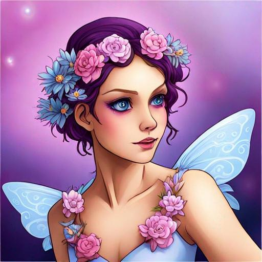 Prompt: purple, pink and blue flower fairy