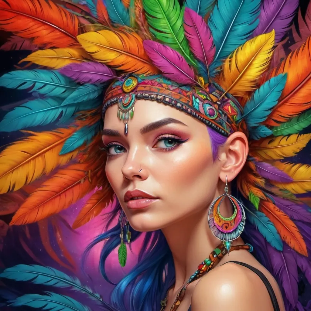 Prompt: <mymodel> a woman with colorful hair and earrings on her head, with a colorful background of feathers and leaves on her head, Android Jones, psychedelic art, highly detailed digital painting, an airbrush painting