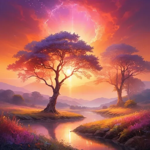 Prompt: (ethereal glow), luminous light radiating, soft illumination, vivid colors, warm ambient tones, magical atmosphere, serene background, enchanting landscapes, high detail, ultra-detailed, vibrant, dreamlike scenery, shimmering reflections, calming hues, captivating visual experience