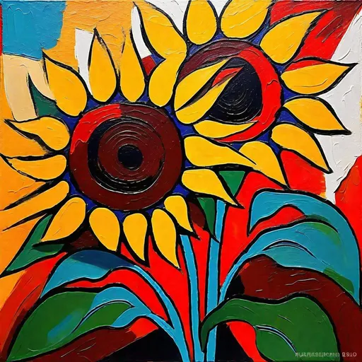 Prompt: Abstract interpretation of sunflowers, Picasso-style, vibrant and contrasting colors, abstract shapes, unconventional perspective, high artistry, textured brushstrokes, vibrant and bold, abstract, modern art, avant-garde, warm tones, dynamic composition, high quality, textured, expressive, innovative lighting