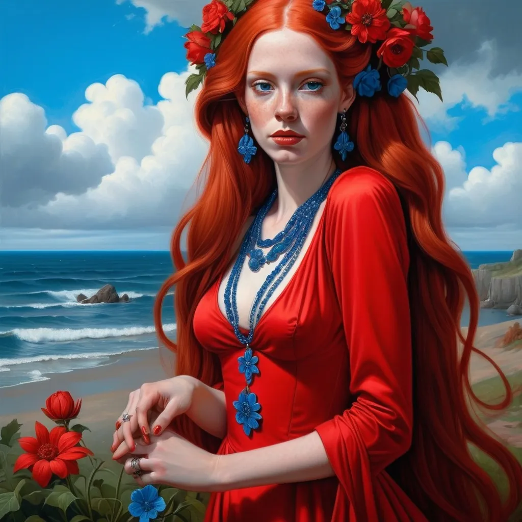 Prompt: a painting of a woman with long red hair wearing a red dress and a flower in her hair, with a blue necklace and earrings, Edwin Georgi, gothic art, highly detailed digital painting, a detailed painting