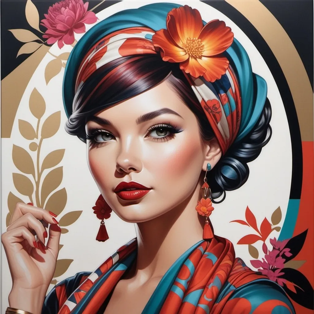 Prompt: a painting of a woman with a flower in her hair and a scarf around her neck and a flower in her hair, Artgerm, figurative art, tristan eaton, an art deco painting