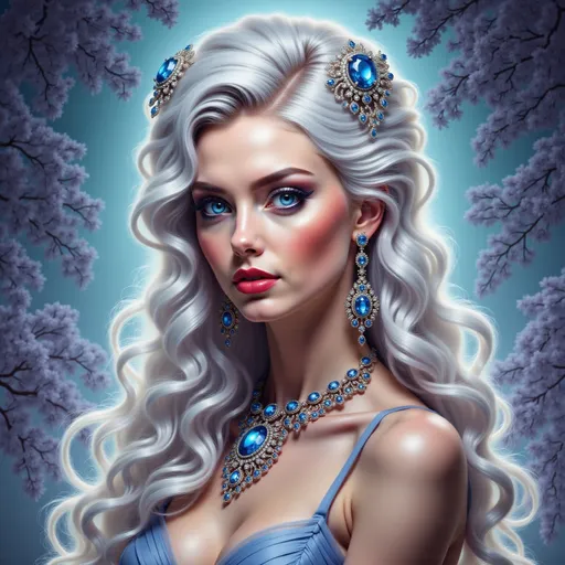 Prompt: a woman with long thick white hair and blue eyes , wearing sapphire jewelry.Charlie Bowater, fantasy art, highly detailed digital painting, a photorealistic painting