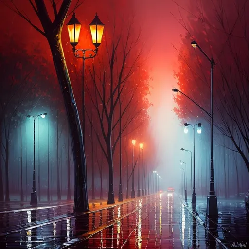 Prompt: a painting of a street light and trees in the rain at night with a street light in the foreground, Alena Aenami, fantasy art, atmospheric lighting, an oil painting