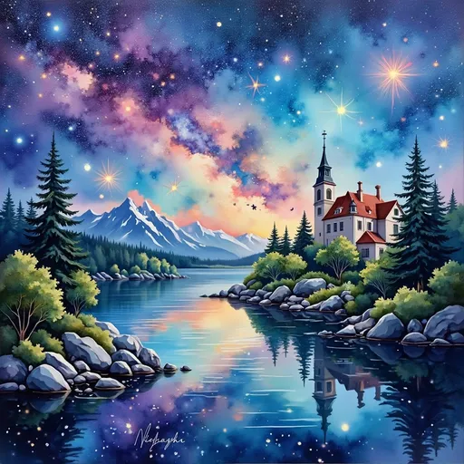 Prompt: a painting of a river with a sky full of stars and a building in the background with a star trail, Van Gogh, psychedelic art, intricate oil painting, a fine art painting