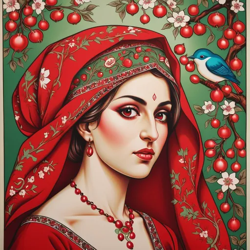 Prompt: A colorful design in the dimensions of 140centimeteres by 140 centimeters. It's main theme is red and white. There are pomegranates and cherry blossoms. with some green leaves and branches. It has some birds. Traditional Iranian style