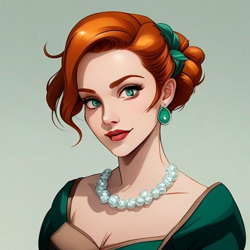 Prompt: Elegantly dressed lady,  emerald evening gown, ginger hair in an uodo, pretty makeup, facial closeup, in a cartoon style