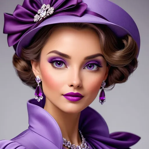 Prompt: lady in purple high class attire, facial closeup
