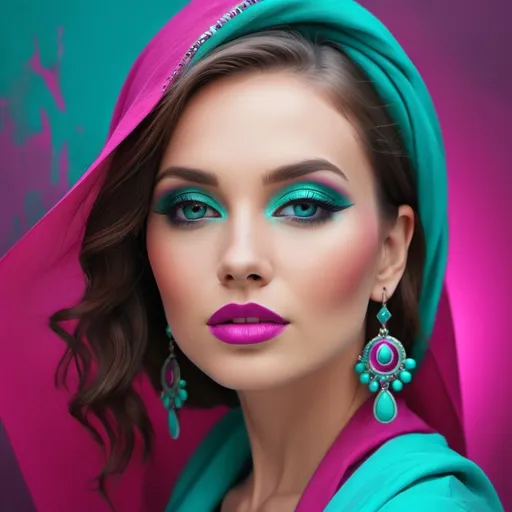 Prompt: A beautiful woman in colors of turquoise and magenta