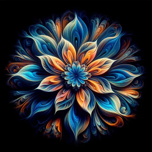 Prompt: a blue and orange flower with a black background photo by steve vandervelen / adobestocker, Android Jones, generative art, highly detailed digital painting, a detailed painting