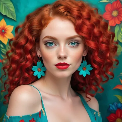 Prompt: A stunning young woman captivates with her vibrant, curly red hair, accentuating her striking features, including sparkling turquoise eyes and a bold red lip. She wears large, floral-themed earrings that complement her outfit, which boasts rich colors of teal and bright red, echoing the vivid hues found in the lush, botanical background. This lush backdrop is filled with stylized, oversized leaves and multicolored flowers, creating a lively and enchanting atmosphere. The lighting is soft yet vivid, enhancing the glossy texture of her skin and hair, while the overall composition radiates a sense of glamour and confidence, inviting viewers into a world that celebrates beauty and nature.
