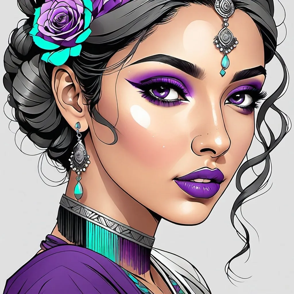 Prompt: middle eastern woman, Beautiful and Gorgeous, purple roses in hair