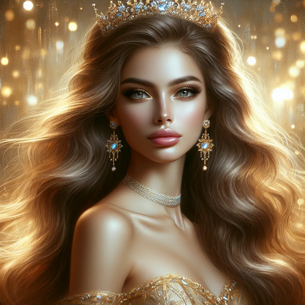 Prompt: a woman with long  thick hair wearing a tiara and earrings on, in a golden dress, with a gold background, Edwin Georgi, fantasy art, highly detailed digital painting, a photorealistic painting