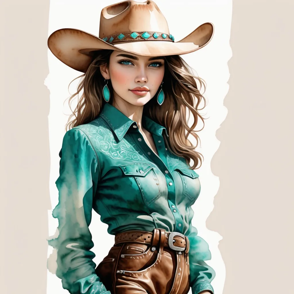 Prompt: watercolor and pen sketch of a beautiful young woman in western wear and turquoise clothing. She has a fashionable cowboy hat and a long leather dress. 