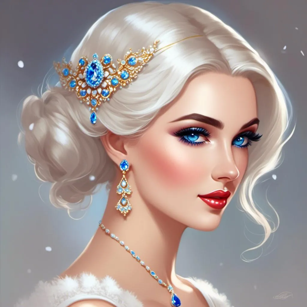 Prompt: <mymodel>A beautiful woman, snow white hair with pastel highlights, frosty blue eyes, blue eyeshadow, blue jewels on forehead