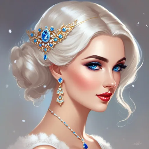 Prompt: <mymodel>A beautiful woman, snow white hair with pastel highlights, frosty blue eyes, blue eyeshadow, blue jewels on forehead