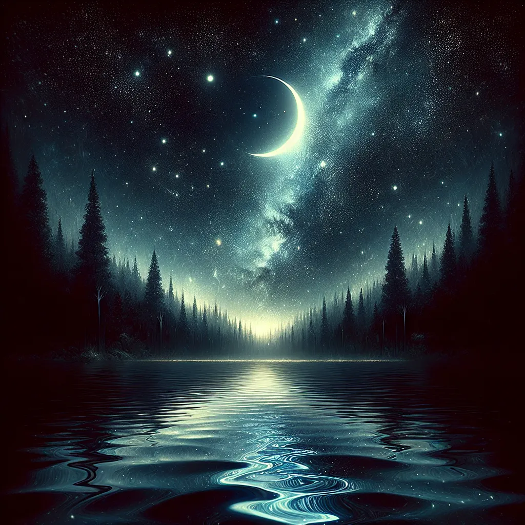 Prompt: a painting of a night sky with a crescent and stars above a river and trees with a moon in the sky, Chris LaBrooy, fantasy art, highly detailed digital painting, a detailed painting