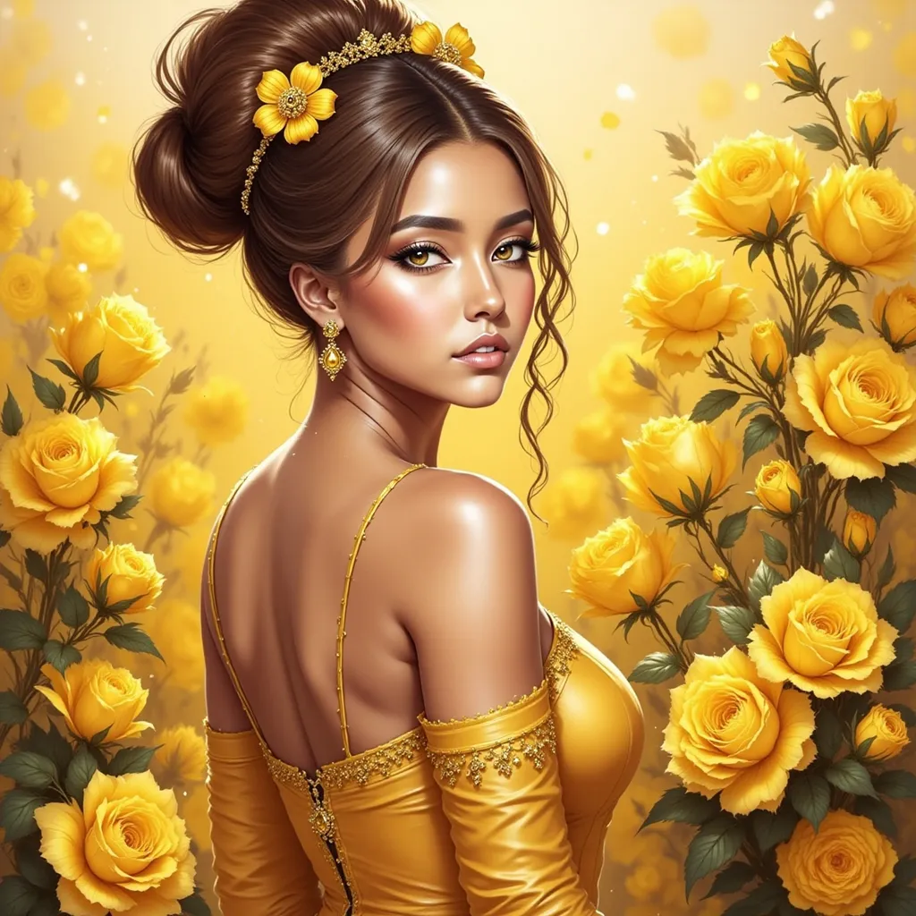 Prompt: a beautiful woman in a yellow dress surrounded by yellow flowers illustration by alex vasquel, via art com, Anne Stokes, fantasy art, highly detailed digital painting, a digital painting