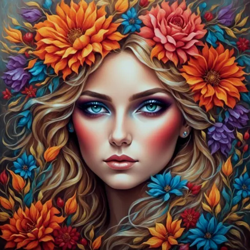 Prompt: <mymodel>Nataasha-Beautiful woman with flowers, oil painting, detailed fiery eyes, ethereal glow, dark and mysterious, high quality, vibrant colors, surreal, haunting, intricate floral details, intense gaze, mystical atmosphere, oil painting, demon, hybrid, fiery eyes, ethereal, vibrant colors, surreal, haunting, floral details, intense gaze, mystical atmosphere