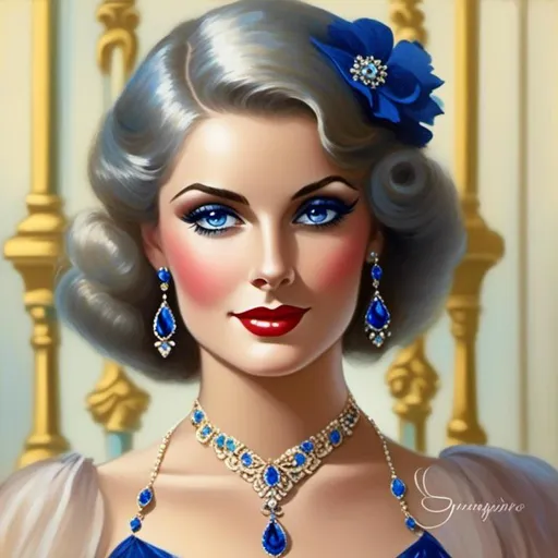 Prompt: <mymodel>Glamorous 1930's woman in sapphire jewelry, captivating blue eyes, vintage oil painting, elegant attire with intricate details, vibrant colors, high quality, realistic, vintage oil painting, 1930's, sapphire jewelry, captivating eyes, elegant attire, vibrant colors, detailed brushwork, refined style, timeless beauty, atmospheric lighting