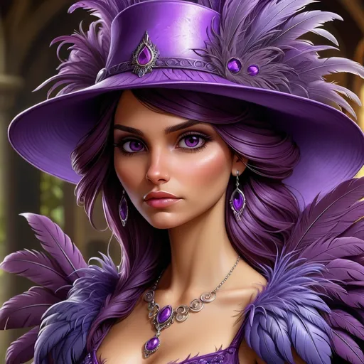 Prompt: a woman wearing a purple hat with feathers on it's head and a purple dress with a purple feathered dress, Anne Stokes, fantasy art, highly detailed digital painting, a detailed painting