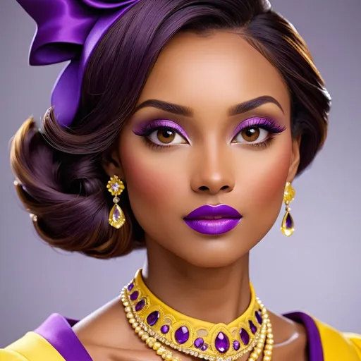 Prompt: lady in purple and yellow high class attire, facial closeup