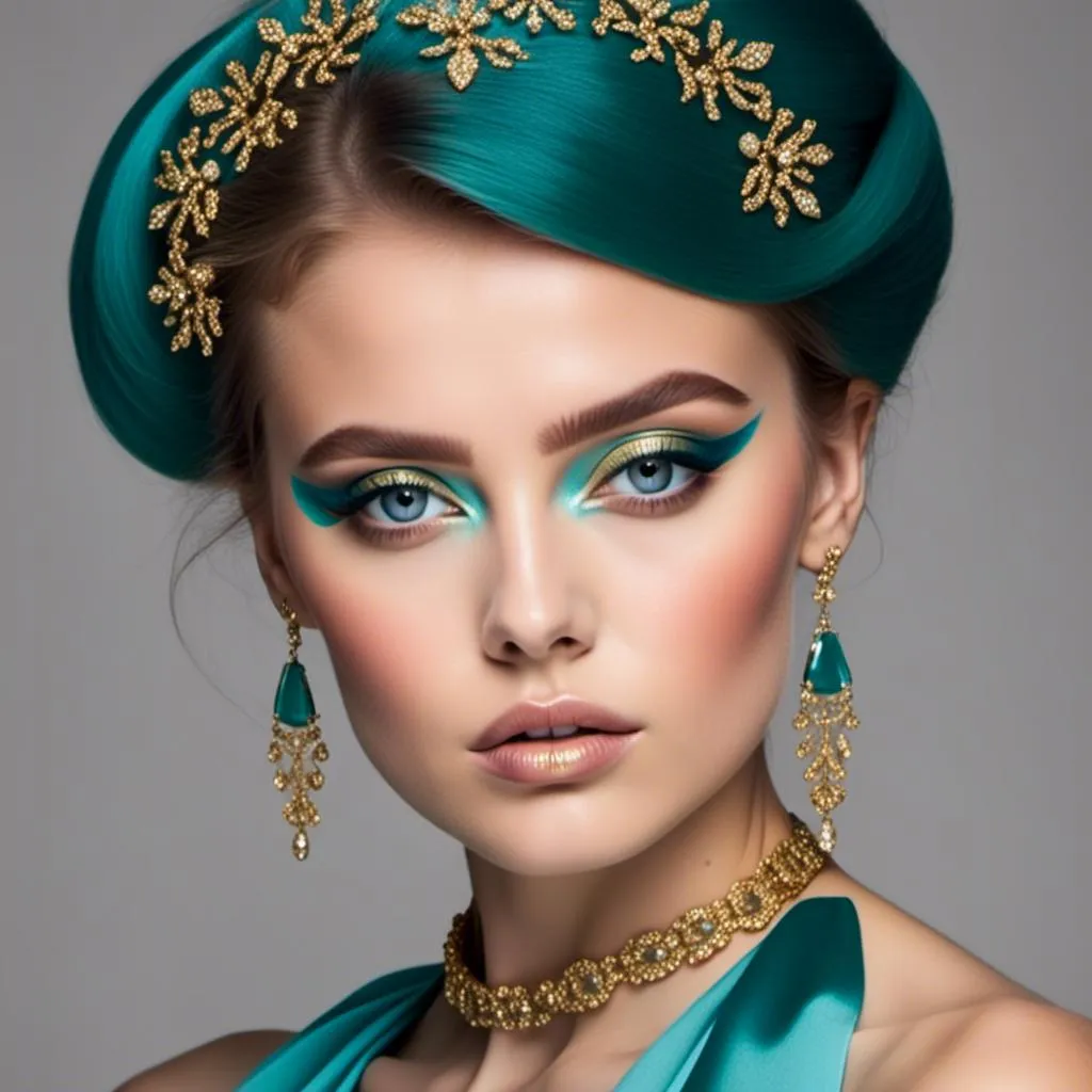 Prompt: <mymodel> Teal and gold beauty, beautiful makeup, gold lipstick