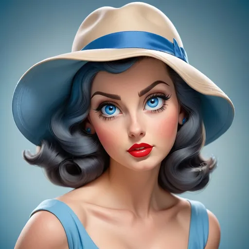 Prompt: 40's pin-up girl wearing a blue hat with big blue eyes