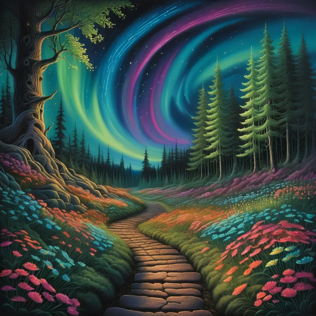 Prompt: a pathway leading to a forest with flowers and trees on it, with a night sky with northern lights in background, David A Hardy, psychedelic art, dreamlike, a detailed painting