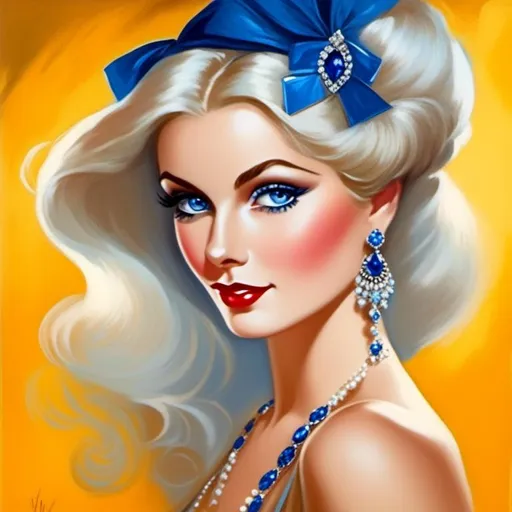 Prompt: <mymodel>Glamorous 1930's woman in sapphire jewelry, captivating blue eyes, vintage oil painting, elegant attire with intricate details, vibrant colors, high quality, realistic, vintage oil painting, 1930's, sapphire jewelry, captivating eyes, elegant attire, vibrant colors, detailed brushwork, refined style, timeless beauty, atmospheric lighting