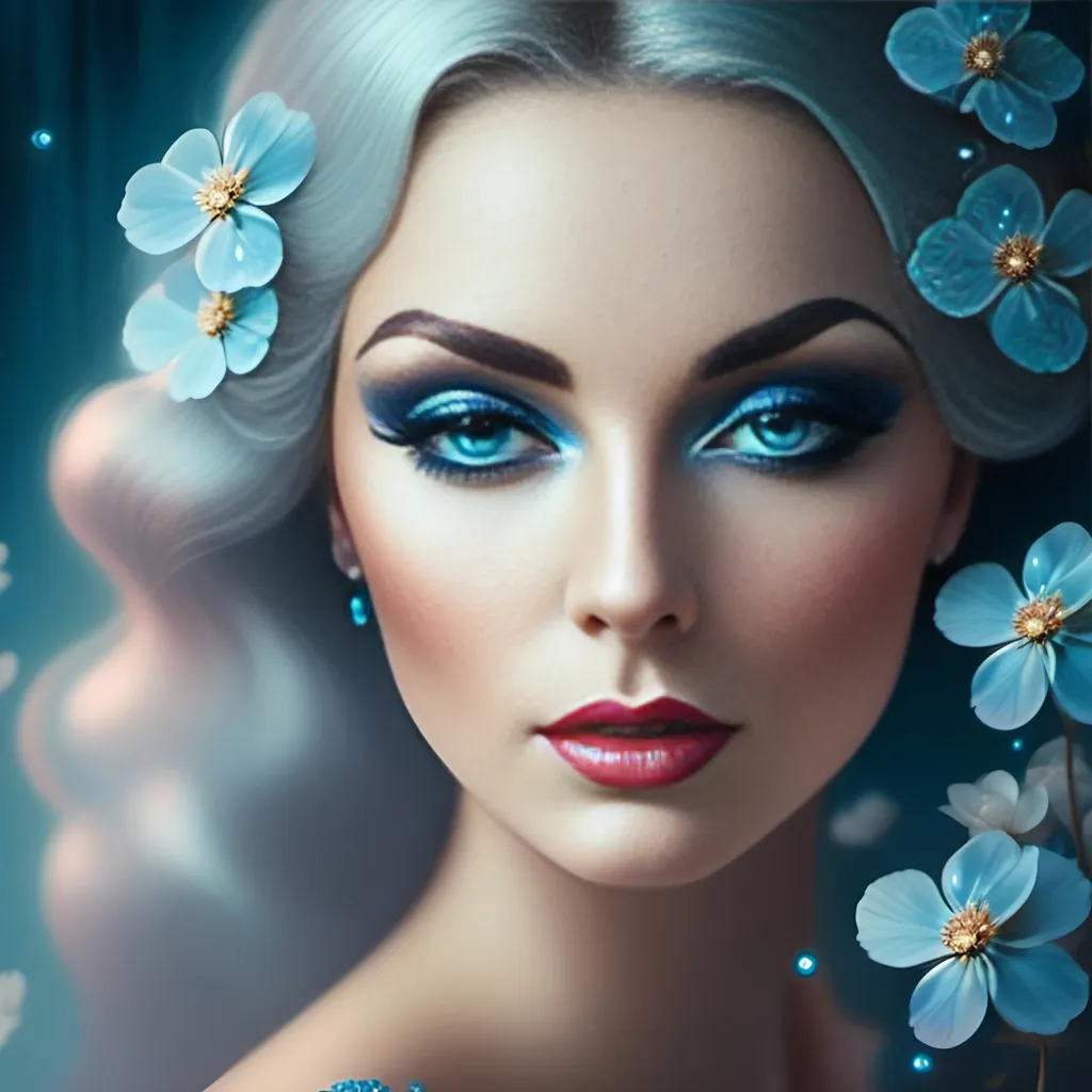 Prompt: <mymodel>beautiful woman, ethereal,dreamscape,, pale blue colors, flowers, closeup