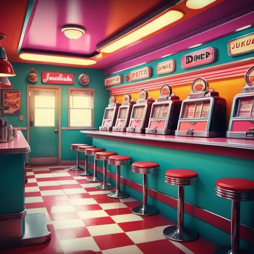 Prompt: Vibrant pop art illustration of a retro diner, bold and saturated colors, lively retro atmosphere, vintage jukebox playing, dynamic and energetic composition, 4k, ultra-detailed, pop art, retro, vibrant colors, lively atmosphere, vintage jukebox, energetic composition, dynamic lighting