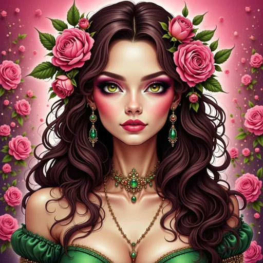 Prompt: a woman with long hair and flowers in her hair, wearing a green dress and a pink background with roses, Charlie Bowater, gothic art, highly detailed digital painting, a character portrait