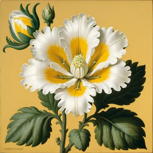 Prompt: a painting of a white flower with yellow center and green leaves on a yellow background with a yellow background, Ambrosius Bosschaert, rococo, artgem, a flemish Baroque