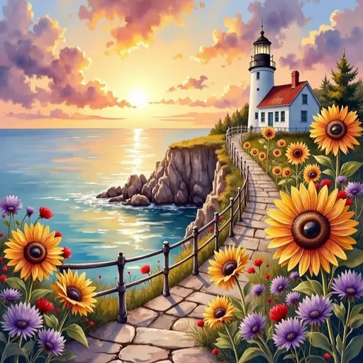 Prompt: This is a digital illustration depicting a picturesque coastal scene at sunset. The foreground features a stone staircase with a metal railing, winding from the bottom left to the top right of the image. The stairs are adorned with vibrant, large sunflowers in shades of yellow and orange, interspersed with purple and red flowers, adding a burst of color and life. 

In the midground, a white lighthouse with a black roof and lantern stands on a small, grassy cliff, slightly to the right. Next to the lighthouse is a quaint, white house with a red roof and small windows, adding to the charm of the scene. The house and lighthouse are connected by a narrow, curved path that follows the cliff edge.

The background showcases a serene, blue ocean reflecting the warm, golden hues of the setting sun. The sun is low on the horizon, casting a brilliant, orange and yellow glow across the sky and water. The sky is filled with soft, fluffy clouds tinged with orange and purple, enhancing the peaceful atmosphere.

The overall style of the illustration is vibrant and detailed, with a focus on rich, warm colors and a romantic, serene coastal setting.