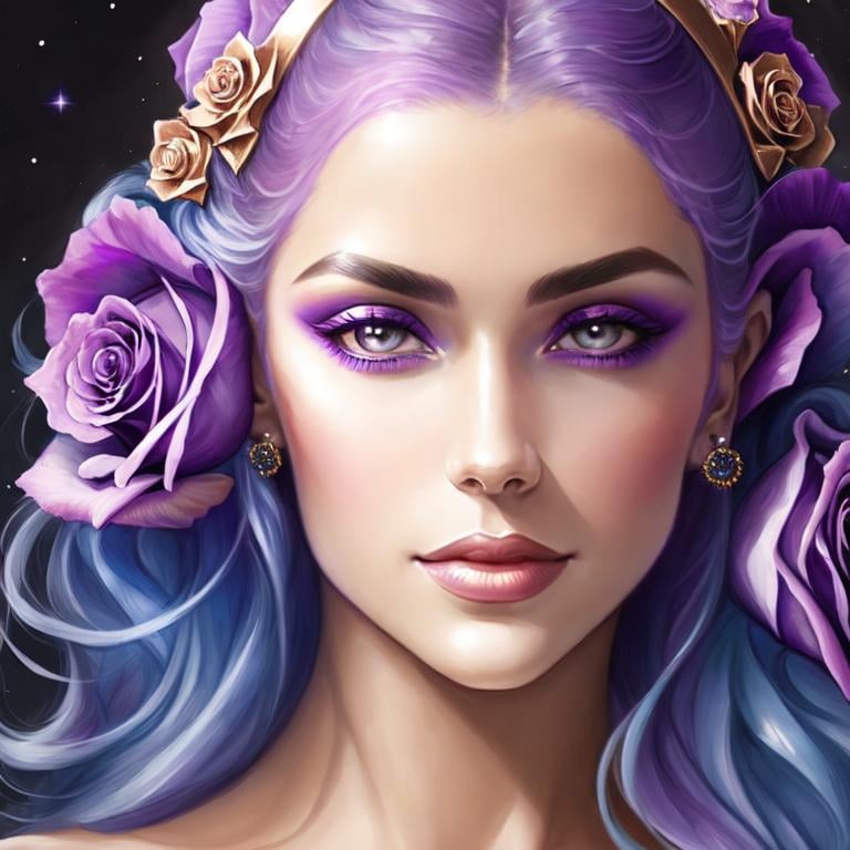 Prompt: Cosmic Epic Beauty, Beautiful and Gorgeous, purple roses in hair