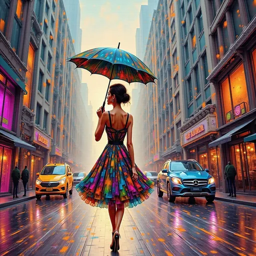 Prompt: a woman in a dress and umbrella walking in the rain on a city street with cars, Art Frahm, american scene painting, kinkade, an art deco painting