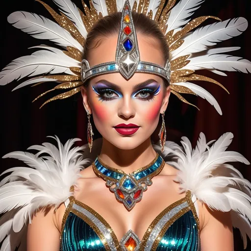 Prompt: (flamboyant show girl), vibrant colors, sparkling costumes, elaborate feathered headdress, dramatic lighting, dynamic pose, glamorous stage setting, intense spotlight, captivating expression, luxurious sequins, high-energy, lively background, circus-inspired ambiance, ultra-detailed, high quality, electrifying atmosphere, vivid emotional depth.