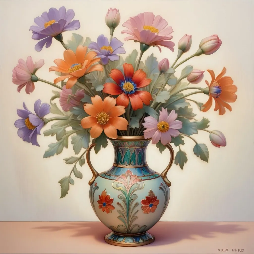 Prompt: a painting of a vase with flowers in it on a white background with a pastel background, Alison Kinnaird, cloisonnism, in gouache detailed paintings, an art deco painting