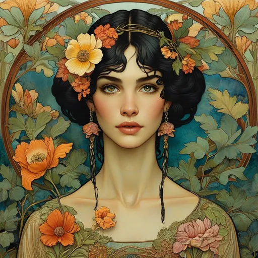 Prompt: a painting of a woman with a flower in her hand and a background of leaves and flowers in the background, Android Jones, art nouveau, art nouveau fashion embroidered, a watercolor painting