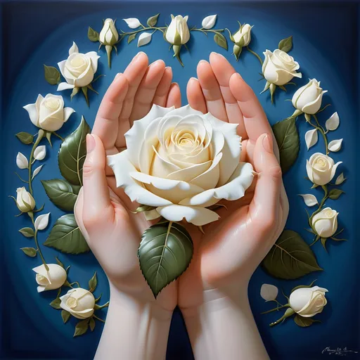 Prompt: Delicate hands cradle a large, pristine white rose, its petals unfurling gracefully at the center, capturing the essence of gentleness and beauty. Surrounding the rose are smaller white flowers and lush green leaves, creating a harmonious and serene floral composition against a rich, deep blue background that enhances the tranquil mood. The soft yet detailed rendering provides a sense of intimacy, inviting the viewer to appreciate the fragility and elegance of nature. The overall aesthetic is both romantic and timeless, evoking feelings of care and reverence for the natural world.