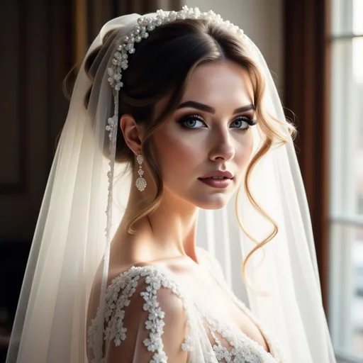 Prompt: A serene bride gazes gently to her side, embodying grace and elegance in her intricately embroidered gown adorned with delicate floral patterns. Her long, flowing veil cascades down, framing her soft features and highlighting her radiant complexion, which glows in the soft, diffused light filtering through a nearby window. The subtle shimmer of her pearl hairpiece complements her styled hair, enhancing the romantic atmosphere. With a serene expression that reflects joy and anticipation, the scene captures a moment of beauty and hope, perfectly encapsulating the magic of a wedding day.
