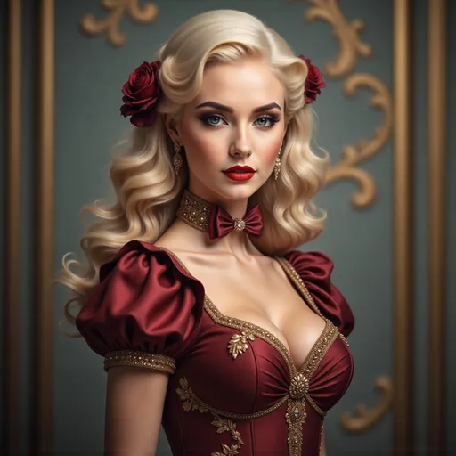 Prompt: With striking blue eyes and a serene expression, the young woman stands as a portrait of timeless elegance, adorned in a richly detailed gown characterized by a deep burgundy color and intricate golden embellishments. Her hair, styled in soft waves with a touching curl at the side, is elegantly pinned back, showcasing a delicate flower accessory. A high, ruffled collar frames her face, accompanied by a statement bow that adds a regal touch. The backdrop features a luxurious design of muted gold patterns, enhancing the opulence of the scene, while soft lighting accentuates her flawless complexion, creating a harmonious blend of beauty and sophistication. The overall mood is one of grace and refinement, reminiscent of a bygone era.