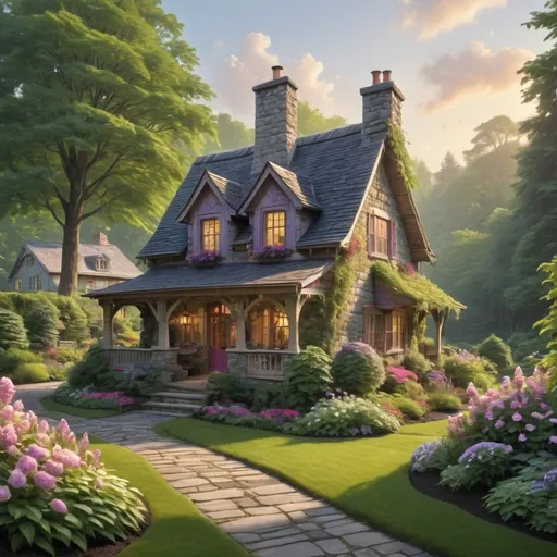 Prompt: Nestled in a serene landscape, a charming, two-story cottage with a steeply pitched slate roof and intricate wooden accents radiates warmth and coziness. Soft golden light spills from the windows, illuminating the inviting porch adorned with lush plants, while a meticulously paved stone pathway leads seamlessly through the vibrant garden filled with blooming flowers in shades of pink and purple. Framed by majestic trees and distant mountains, the scene is bathed in the gentle hues of a sunset, creating a tranquil atmosphere that evokes a sense of peace and comfort. This picturesque setting, with its harmonious blend of nature and architecture, tells a story of home and safety amidst a stunning backdrop.