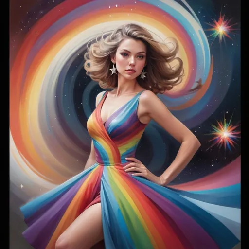 Prompt: a painting of a woman in a dress with a colorful swirl in the background and a star burst in the sky, Artgerm, figurative art, highly detailed digital painting, an airbrush painting