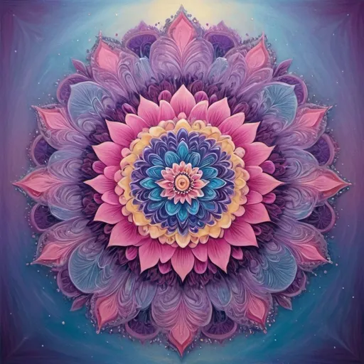 Prompt: Visualize a stunning mandala composed of vibrant flowers in hues of blue, pink, and purple, intricately detailed to create a sense of harmony and tranquility. The mandala radiates outward like gentle ripples on a serene pond, each petal softly illuminated by a warm, golden light that gives a dreamlike quality to the scene. Surrounding the mandala, a subtle mist drifts, enhancing the ethereal atmosphere, while delicate dew drops cling to the petals, glistening like tiny jewels. The background is set in a softly blurred garden, with hints of lush greenery and the gentle whisper of a cool breeze. This piece could be best represented in a dreamy watercolor illustration style, capturing the delicate beauty and serene essence of the floral mandala.