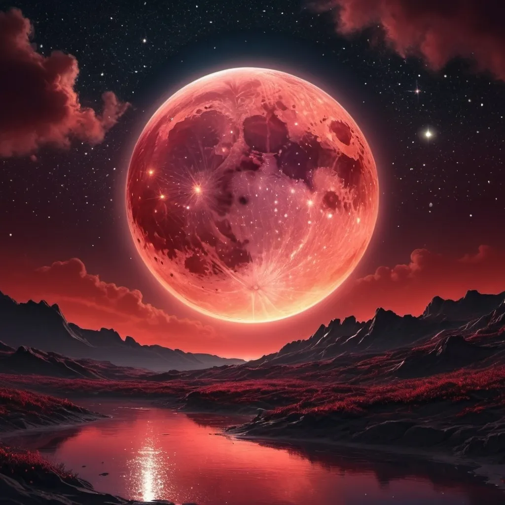 Prompt: masterpiece, 4k, hd , detailed, art , digital art, digital illustration, Crecent moon red glow, Night sky with stars