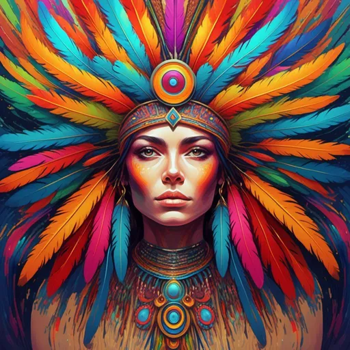 Prompt: <mymodel> a woman with colorful feathers on her head and a necklace on her neck, with a colorful headdress, Android Jones, psychedelic art, highly detailed digital painting, a painting