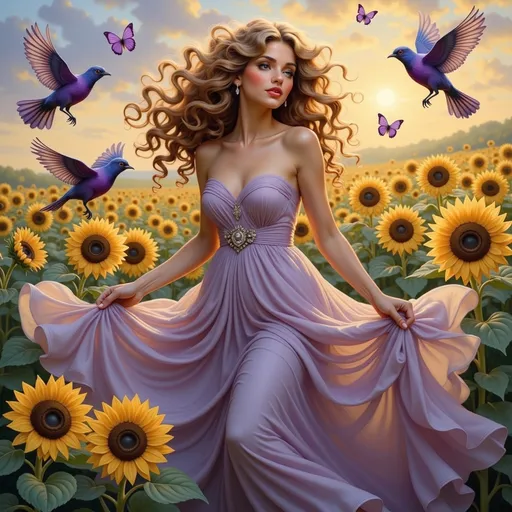 Prompt: Amidst a vibrant field of sunflowers basking in golden sunlight, a young woman dances joyfully, her lavender gown flowing elegantly with her movement. Her long, wavy hair cascades around her shoulders, catching the light, while her serene expression conveys a sense of peace and harmony with nature. Playful purple birds flutter around her, adding whimsical touches to the idyllic scene, which is adorned with delicate butterflies accentuating the cheerful ambiance. The overall composition exudes a dreamy, ethereal quality, inviting a feeling of joy and freedom in a picturesque, sunlit moment.