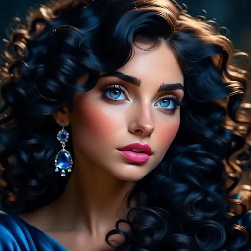 Prompt: <mymodel>a Sapphire lady, feminine elegant princess ,  dark hair, large blue eyes, wearing jewls in her hair,  beautiful makeup, blue eyeshadow, dark pink lipstick, facial closeup